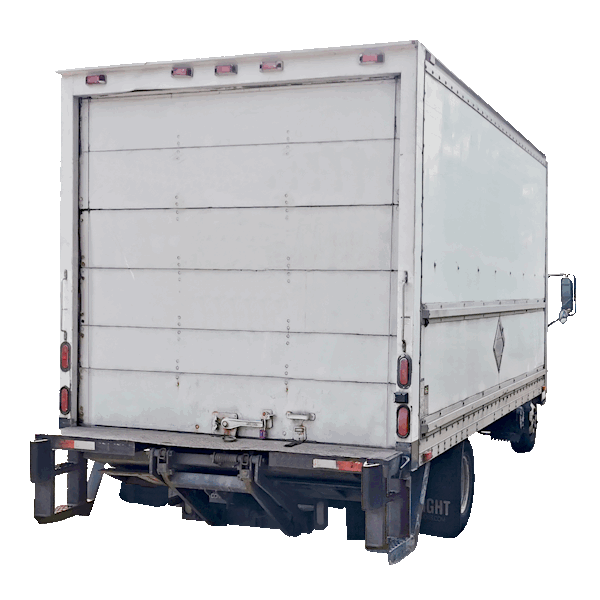 Text fly on then fly off on a back side of a truck